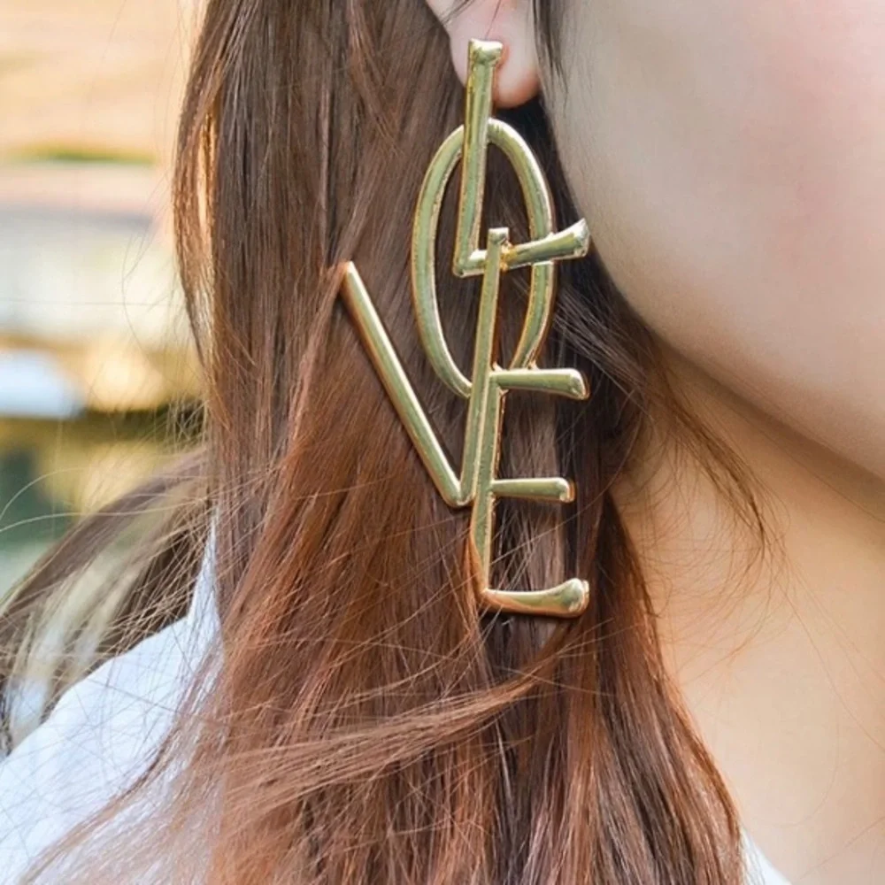 LOVE Gold Tone Oversize Drop Earrings 3+”